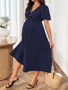SHEIN Maternity Summer Casual Polka Dot Print Dress - Navy Blue - View 5