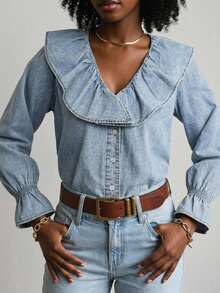 Livesso Atasan Denim Wanita Katun Leher V Lengan Panjang Warna Biru Polos Kerah Ruffle Besar Kancing Depan Potongan Ramping Pinggang Ramping Musim Gugur - Biru - View 1