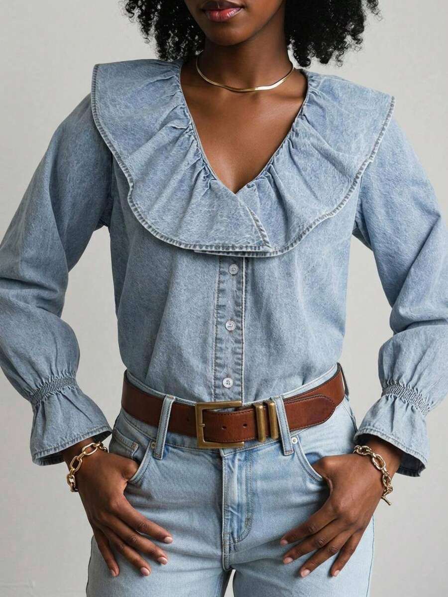 Livesso Atasan Denim Wanita Katun Leher V Lengan Panjang Warna Biru Polos Kerah Ruffle Besar Kancing Depan Potongan Ramping Pinggang Ramping Musim Gugur - Biru - View 1