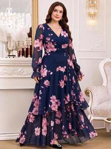 Reflora Gaun Musim Panas Wanita Ukuran Besar, Gaun Panjang Elegan dengan Dekorasi Ruffle, Lengan Pendek, Motif Bunga, Gaun Pesta Romantis yang Mengalir, Elastis - Biru - View 6