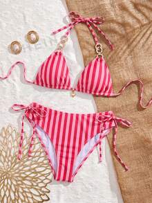 Swim Vcay 女款兩件式性感豹紋隨機圖案V領掛脖綁帶比基尼套裝 - 彩色 - 查看 2