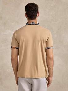 Courvante Men's Solid Color Patchwork Front Button Short Sleeve Casual T-Shirt - Khaki - View 3