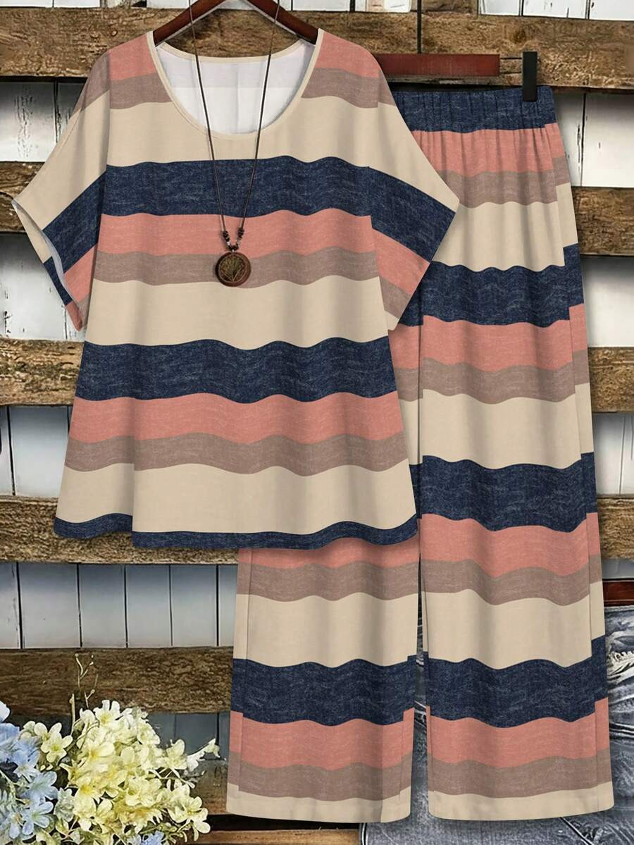 EMERY ROSE Plus Size Casual Colorblock Striped Crew Neck Short Sleeve Top And Pants 2-Piece Set, Comfortable For Summer Daily Wear - Multicolor - View 1