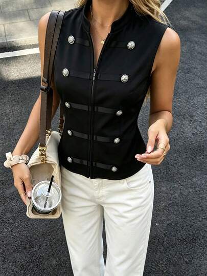 SHEIN PariChic 2026 New Napoleon French Vintage Metal Button Stand Collar Sleeveless Vest For Women, Premium Satin Trim Cinched Waist Short Tank Top, Niche Design Commuter Slim Fit Inner Layer Camisole, Black Slimming Utility Style Layering Outerwear Top
