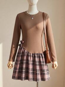 Girls' Digital Print Plaid Patchwork Bow Long Sleeve Dress, Suitable For Holidays, Outings, School, And Street Wear - Khaki - View 1