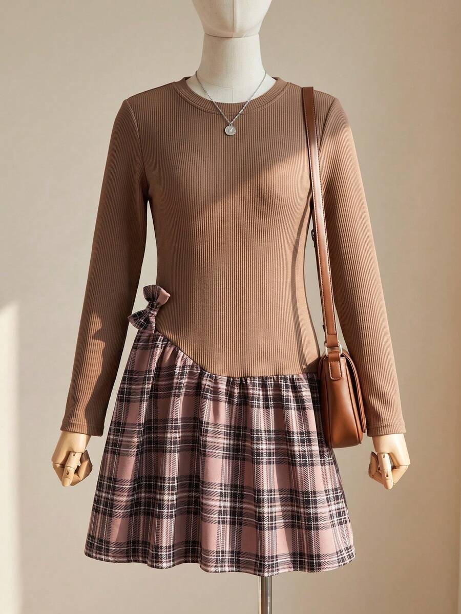 Girls' Digital Print Plaid Patchwork Bow Long Sleeve Dress, Suitable For Holidays, Outings, School, And Street Wear - Khaki - View 1
