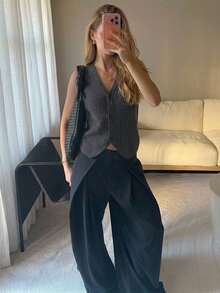 Easowa Women's Casual Versatile Solid Color Knit Vest Teachers' Day Office Grey Autumn - Dark Grey - View 3