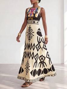 Zivah 2025夏季新款音樂節復活節聖帕翠克節西部遊牧風生日派對畢業季學院風學生日常街頭穿搭基礎百搭休閒度假郵輪海灘海濱陽光熱門街頭風大尺碼女款春/夏海灘度假/派對/約會/熱帶雨林圖案拼接印花圓領無袖A字長洋裝-B - 杏色 - 查看 3