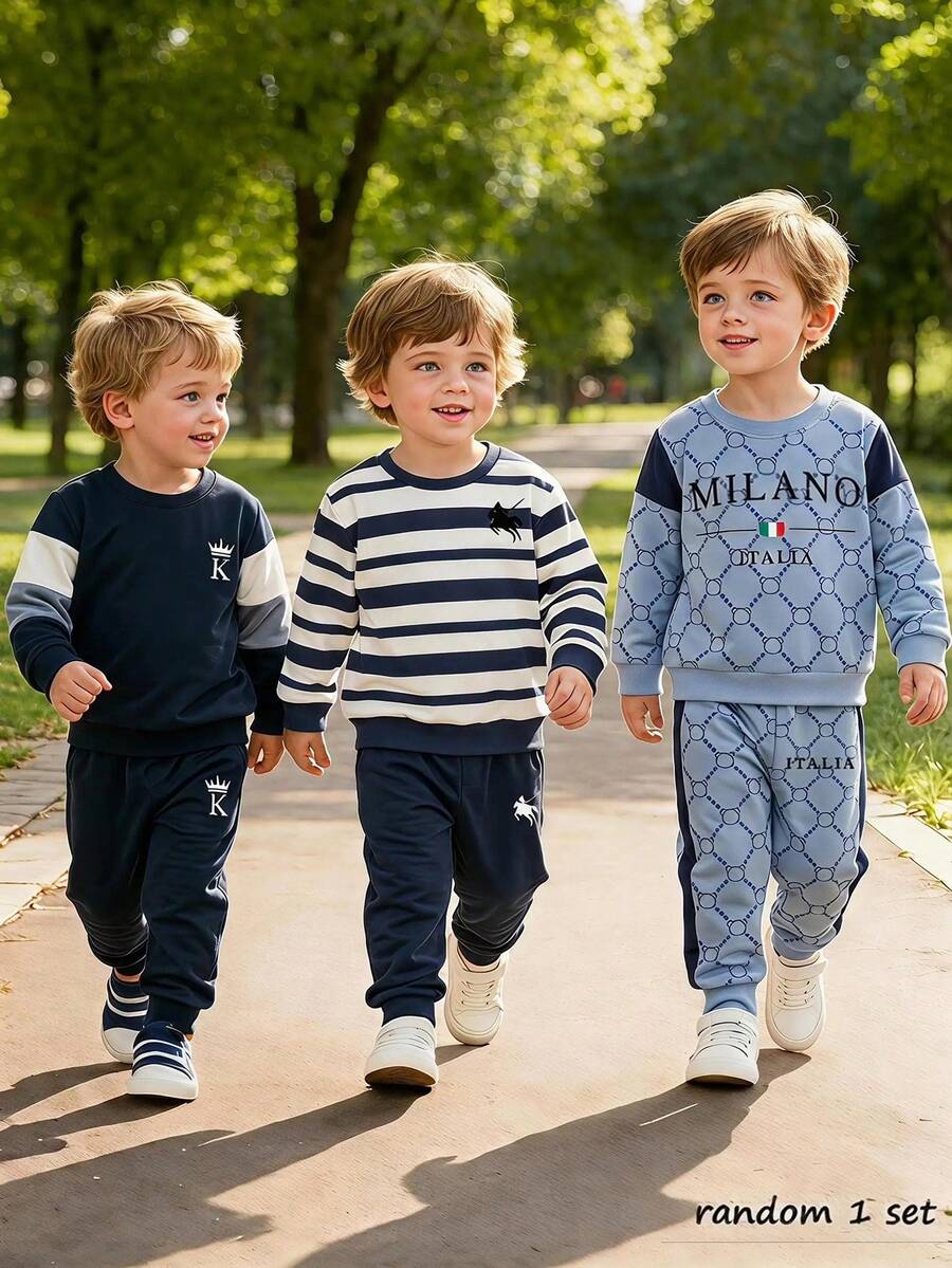 Kids Young Boys Loose Casual Comfortable Long Sleeve Sweatshirt & Pants 2 Pieces Set, Suitable For Autumn/Winter - Multicolor - View 1