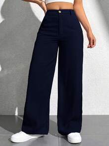 SHEIN PETITE 女款休閒鈕扣口袋寬鬆長褲，適合辦公與通勤 - Blue Power - 查看 5