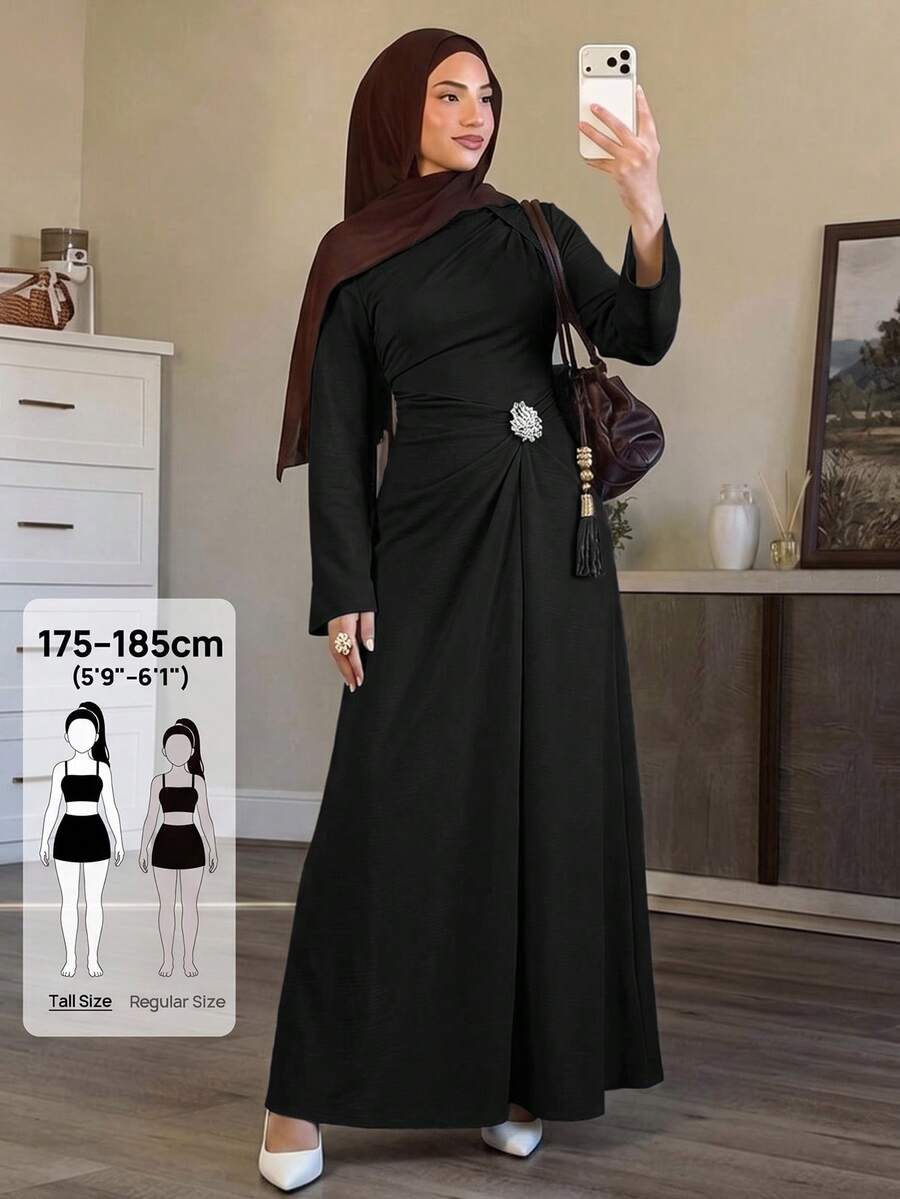 SHEIN Tall 女款純色扭結細節前金屬扣裝飾喇叭袖長袖洋裝，女款冬季 - 黑色 - 查看 1