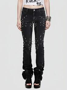 ROMWE Grunge Punk Autumn Punk Y2k Indie Sleaze Hedi Metal Rivet Ultra Low Waist Skinny Jeans Going Out Night Out All Black - Black - View 1