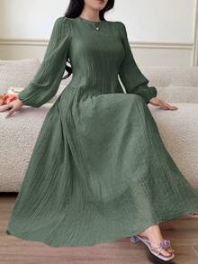 Solavon Plus Size Women's Green Pleated Casual Everyday Summer Dress Fall - Army Green - View 4