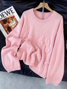 GlowEve CURVE Sweater Pullover Lengan Panjang Longgar Bahu Jatuh Leher Bulat Elegan Ukuran Plus untuk Musim Dingin - Berwarna merah muda - View 1