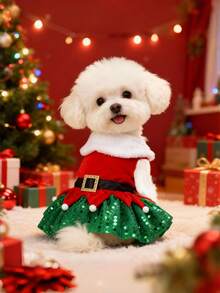 1pc Pet Christmas Dress Classic Clasp Christmas Tree Sequined Dogs And Cats Christmas Dress - Red - View 2