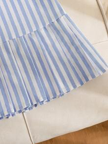 1件女童夏季藍白條紋學院風小馬刺繡泡泡短袖不對稱百褶 Polo 洋裝，適合學校、外出、春季旅行、公園遊玩、聚會、購物 - 藍色 - 查看 6