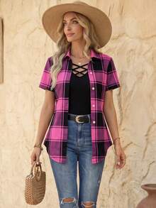 EMERY ROSE Camiseta gráfica de manga corta con cuello de solapa y estampado de cuadros para mujer - Rojo violeta - Ver 1