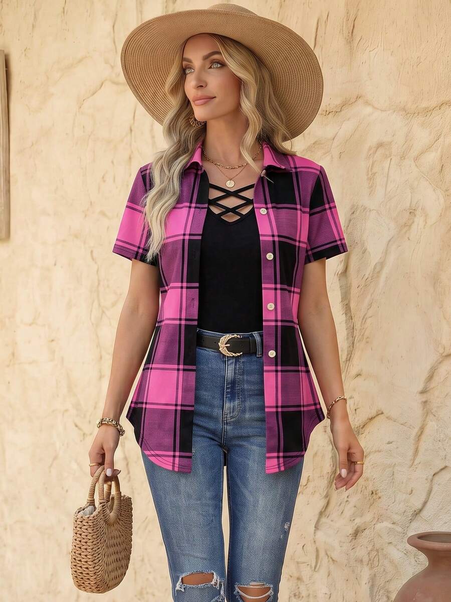 EMERY ROSE Camiseta gráfica de manga corta con cuello de solapa y estampado de cuadros para mujer - Rojo violeta - Ver 1