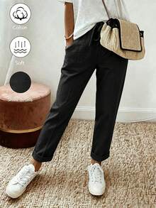 Balvessa Khaki Cotton Linen Casual Harem Pants With Elastic Waist, Drawstring, Rolled Hem, Cropped Length, Slimming Carrot Pants For Commuting And Versatile Wear - Black - View 1