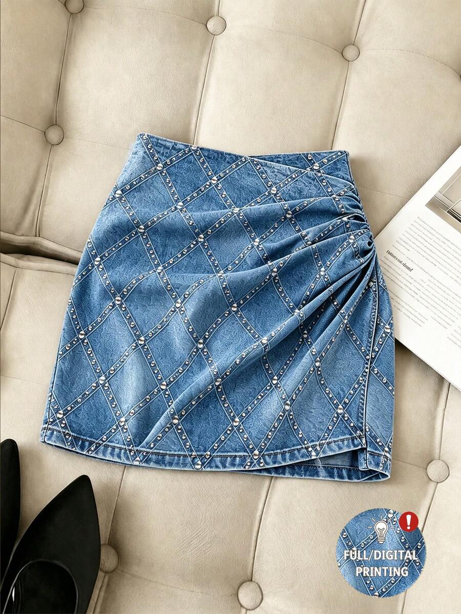 SHEIN Franclia 女款秋冬高腰抓皺迷你裙 格紋幾何格紋包臀裙 側開衩貼身裙 派對優雅通勤風 - 中等水洗藍 - 查看 1