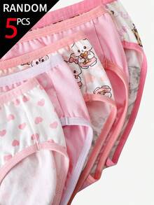 SHEIN 5条/包 女童什锦印花纯棉三角裤，图案包括爱心、蝴蝶结、兔子 - 彩色 - 查看 5