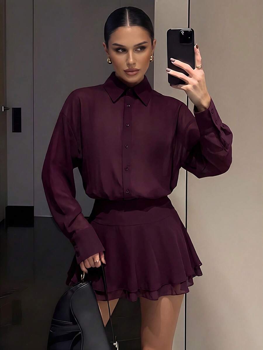 Firerie Deep Purple Red Drapey Chiffon Cinched Waist Ruffle Hem Short Mini Sexy Casual Dress - Red Violet - View 1