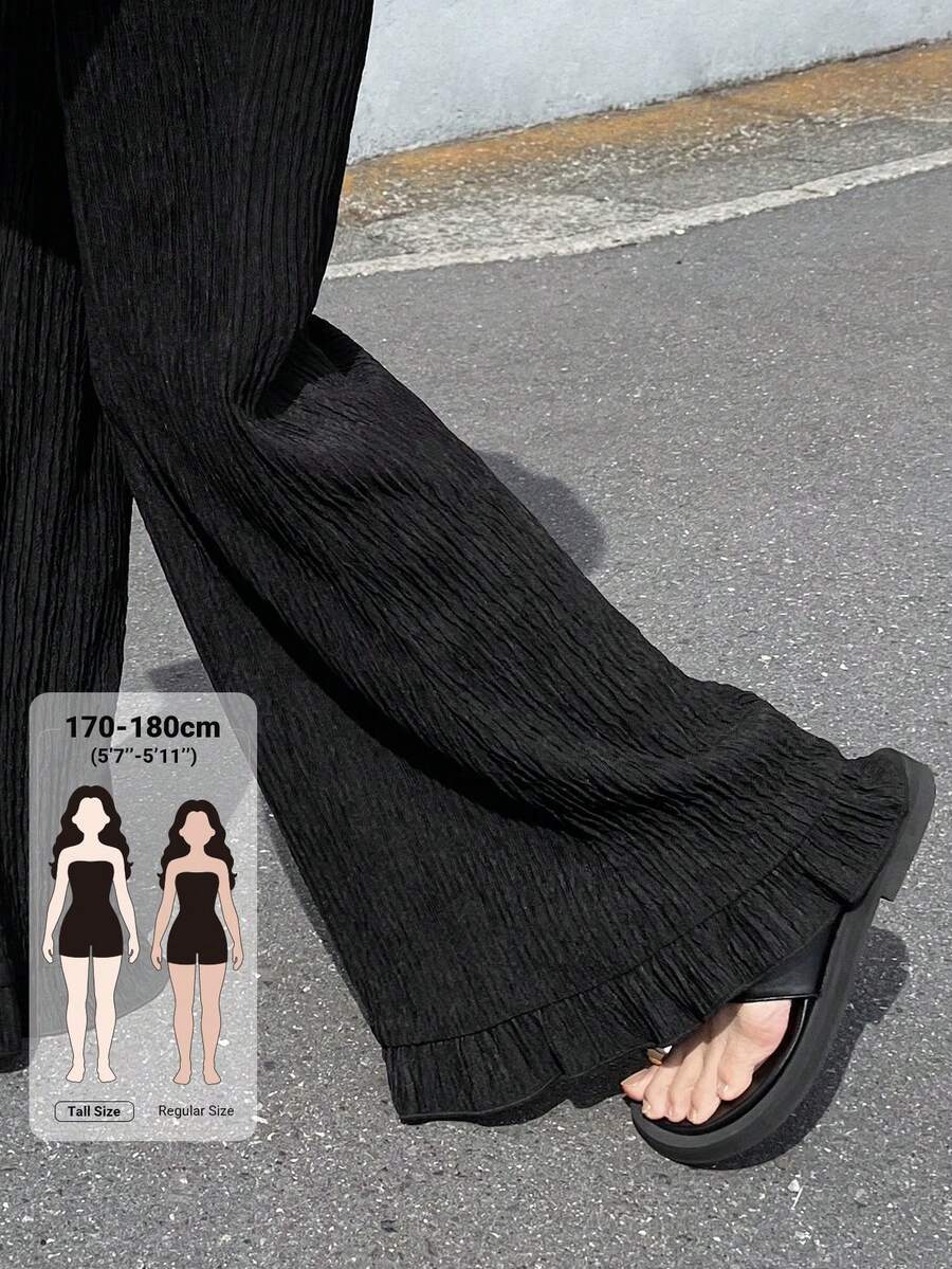 Dazy Tall Women's Textured Fabric Lace Trim Elegant Flare Leg Trousers Fall - Black - View 1