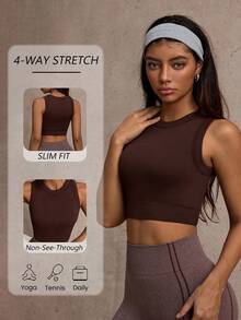 Dewbera Dewbera Women's Ribbed Seamless Naked Feel Yoga Tank Built-In Padded Bra High Stretch For Pilates Cycling - Coffee Brown - View 4