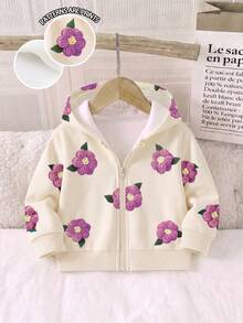 SHEIN 女嬰甜美極簡紫色花卉3D效果印花連帽拉鍊長袖抓絨內裡運動外套，柔軟面料，適合外出，秋冬款 - 彩色 - 查看 3