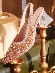 CUCCOO TILAWA Ladies' Fashionable And Elegant Crystal And Glass Rhinestone Pointed Champagne High-Heeled Shoes, Suitable For Going Out, Banquets, Parties And Other - Champagne - View 7