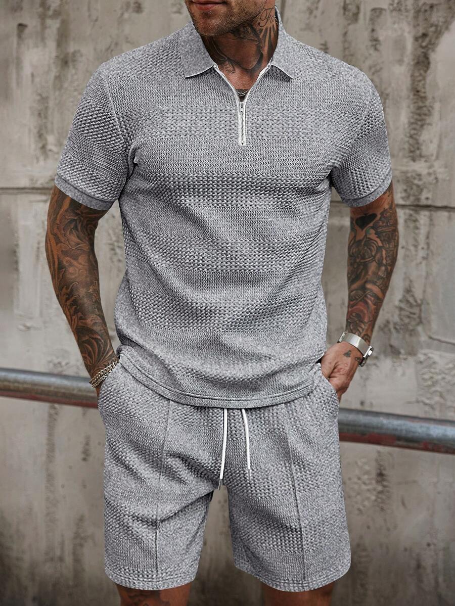 Manfinity Homme Men's Short Sleeve Polo Shirt And Shorts Set - Light Grey - View 1