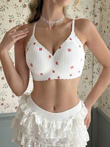 CottageSlumber 1pc Romantic Strawberry Print Chain Fabric Wavy Edge Seamless Jelly Glue Adhesive Bra - Red and White - View 1
