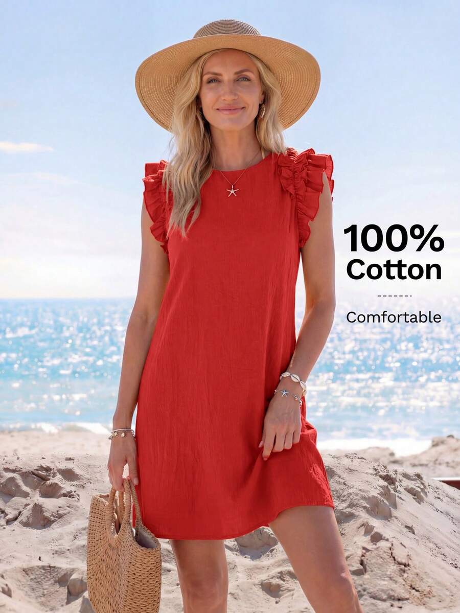 Sylviya Vestido mini festivo con diseño tejido de unicolor y ribete de volantes decorados para mujeres