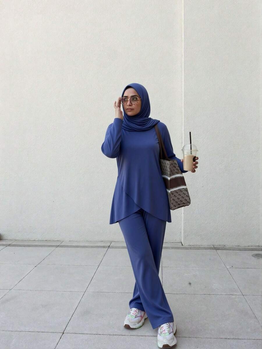 Swim Mulvari Indigo Blue Round Neck Long Sleeve Double Layer Asymmetrical Hem Loose Casual Sports Set - Multicolor - View 1