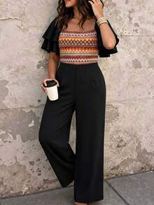Elenzga Plus Size Women's Spring/Summer Beach Vacation Geometric Patchwork Contrast Color Square Neck Layered Flutter Sleeve Wide Leg Jumpsuit - Multicolor - View 7