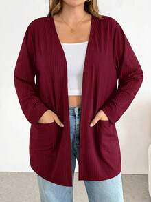 SHEIN Essnce 大尺碼女款純色長袖開襟休閒夾克 - 酒紅色 - 查看 1