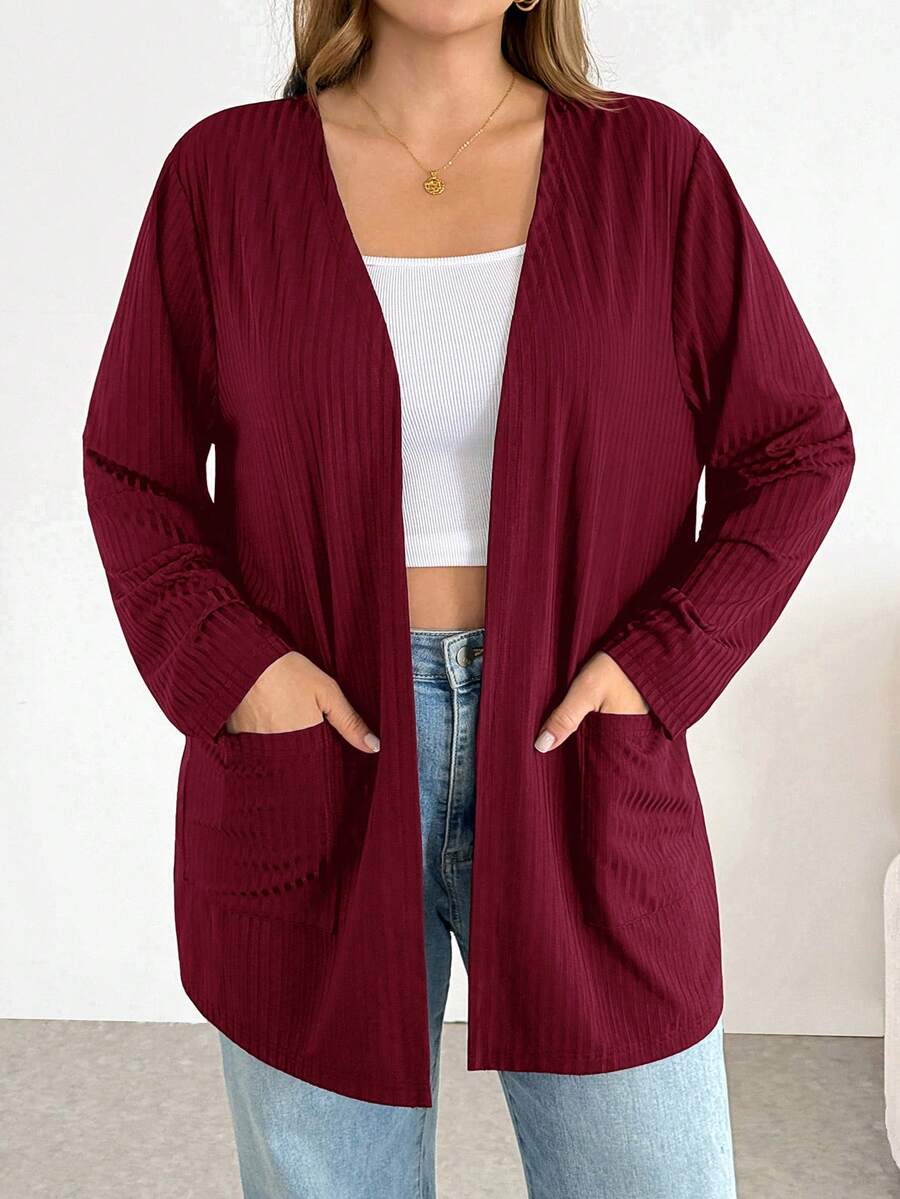 SHEIN Essnce 大尺碼女款純色長袖開襟休閒夾克 - 酒紅色 - 查看 1
