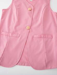 SHEIN 3件組青少年女孩溫柔通勤校園約會款 春秋冬 粉色玫瑰鈕扣V領背心 寬腿長褲 荷葉邊半高領打底衫套裝 - 粉色 - 查看 7