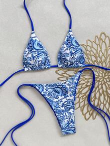 Swim Vcay Women's Triangle Cup Paisley Print Bikini Tie Halter Neck Sexy Two-Piece Swimwear Set - Blue - View 3