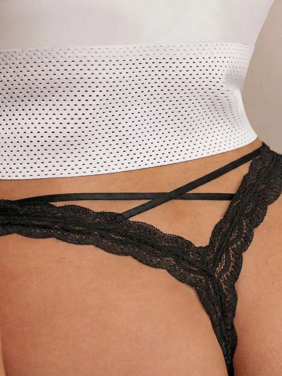 SHEIN BAE 1 件大码女式蕾丝拼布丁字裤 - 黑色 - 查看 1