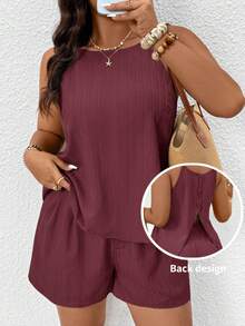 SHEIN Frenchy Plus Size Women Solid Color Camisole Top And Shorts Casual Daily 2-Piece Set - Purple - View 8