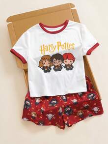 HARRY POTTER X SHEIN Tween Girl Contrast Trim Letter Cartoon Print Short Sleeve T-Shirt And Shorts Casual Daily Set - White - View 3