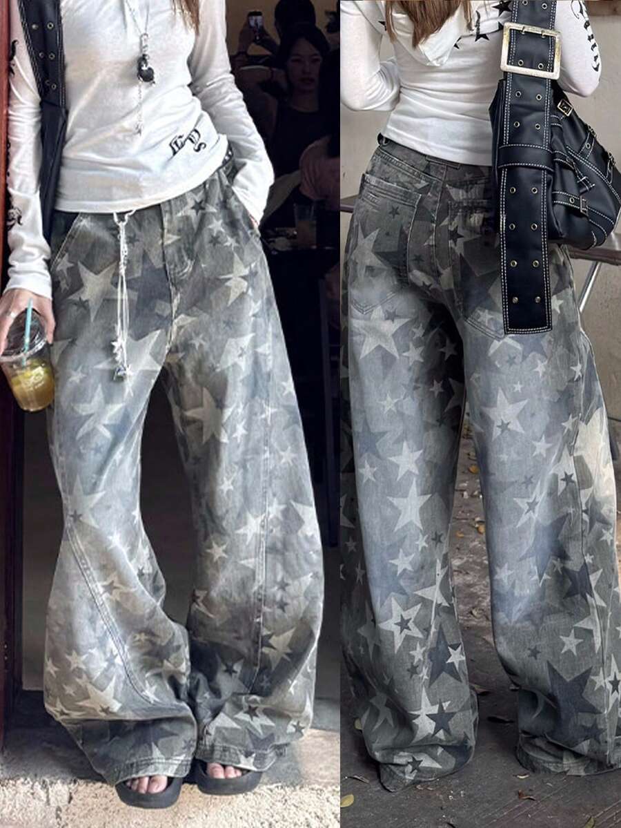 Livesso Women's Casual Washed Star Print Curved Leg Jeans Fall - Grey - View 1