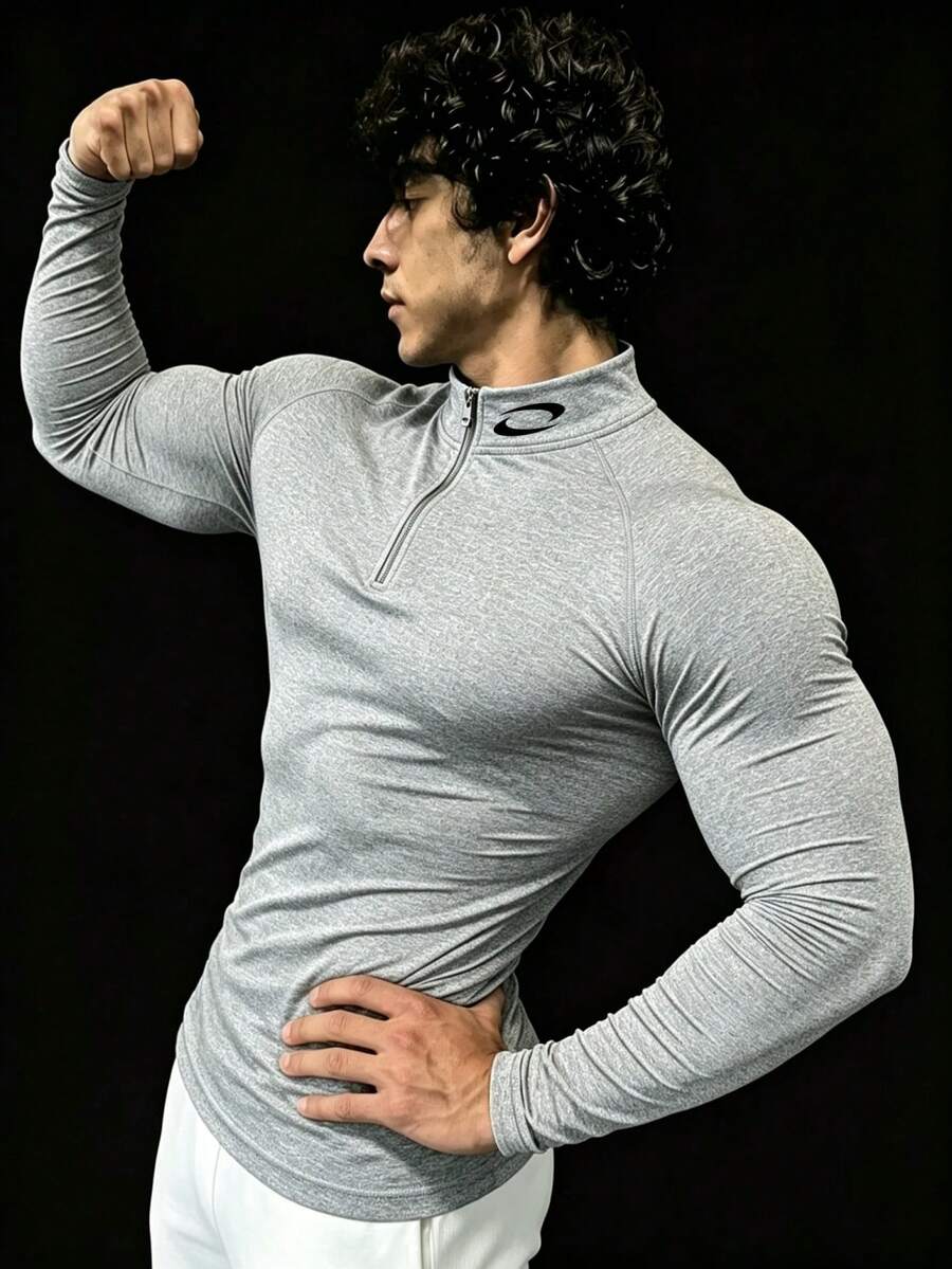 RISE LYT Men's Geometric Print Raglan Long Sleeve Zip Design Sports T-Shirt - Light Grey - View 1