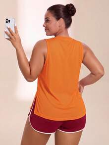 SHEIN Rhythm Era Women's Plus Size Letter Print Split Design Casual Versatile Daily Wear Sports T-Shirt - Coral Orange - View 4
