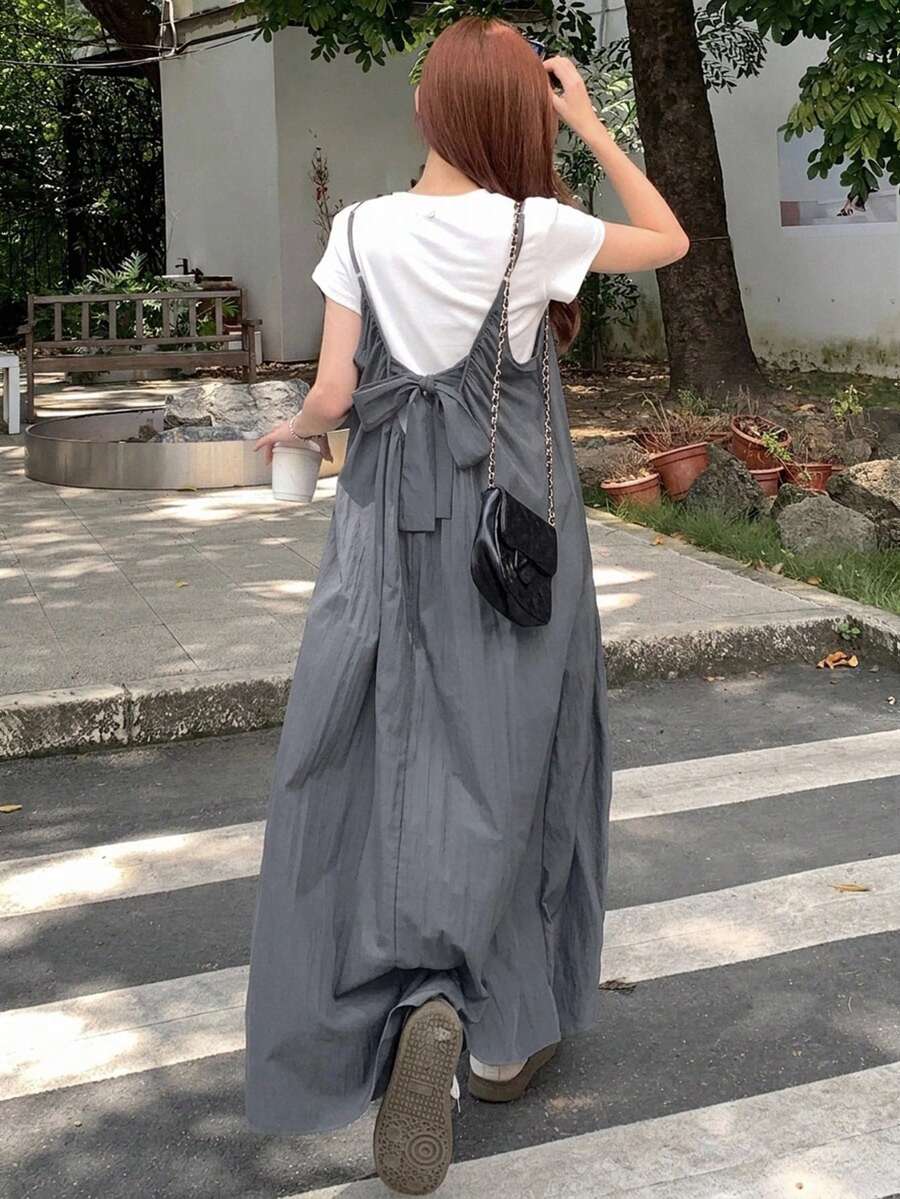 DAZY 女款純色百褶休閒日常細肩帶中長洋裝 - 深灰色 - 查看 1