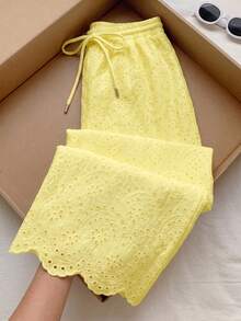 Comfortcana 大尺碼春夏刺繡白色寬鬆長褲 - 黃色 - 查看 5