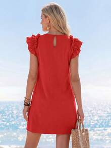 Sylviya Vestido mini festivo con diseño tejido de unicolor y ribete de volantes decorados para mujeres - Rojo - Ver 4