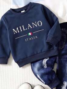 SHEIN 1 Random Set, Casual Logo Blue Striped Contrast Element Print Crew Neck Long Sleeve Sweatshirt, Suitable For Autumn/Winter Outdoor Activities - Multicolor - View 4