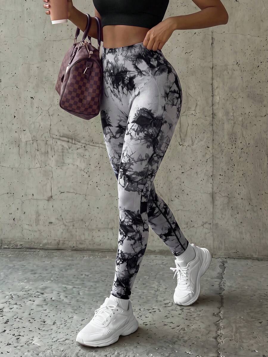 SHEIN Core Rhythm 扎染宽腰运动紧身裤瑜伽女裤 - 彩色 - 查看 1